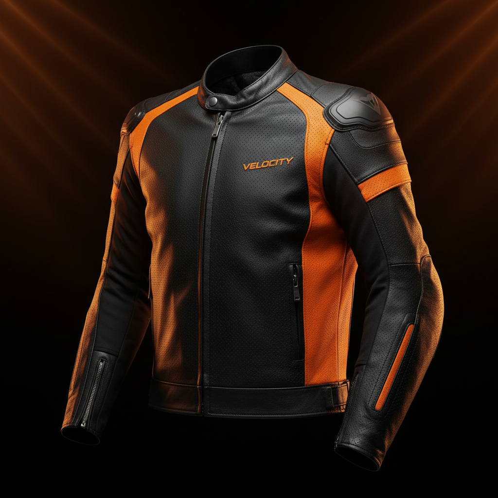 Chamarra de Moto Premium Piel MOTO66 negro con acento naranja